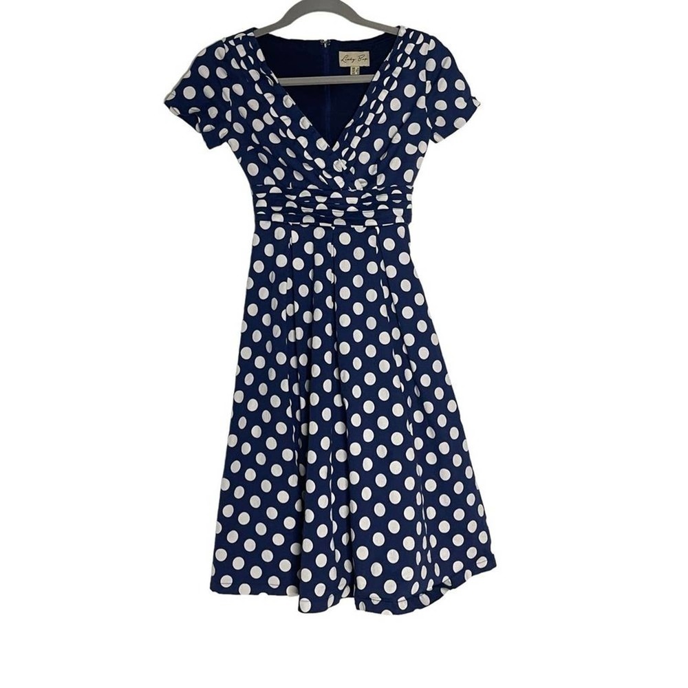 Lindy Bop Womens Vintage 50's Darcy Swing Party Dress Blue White Polka Dots SZ 2